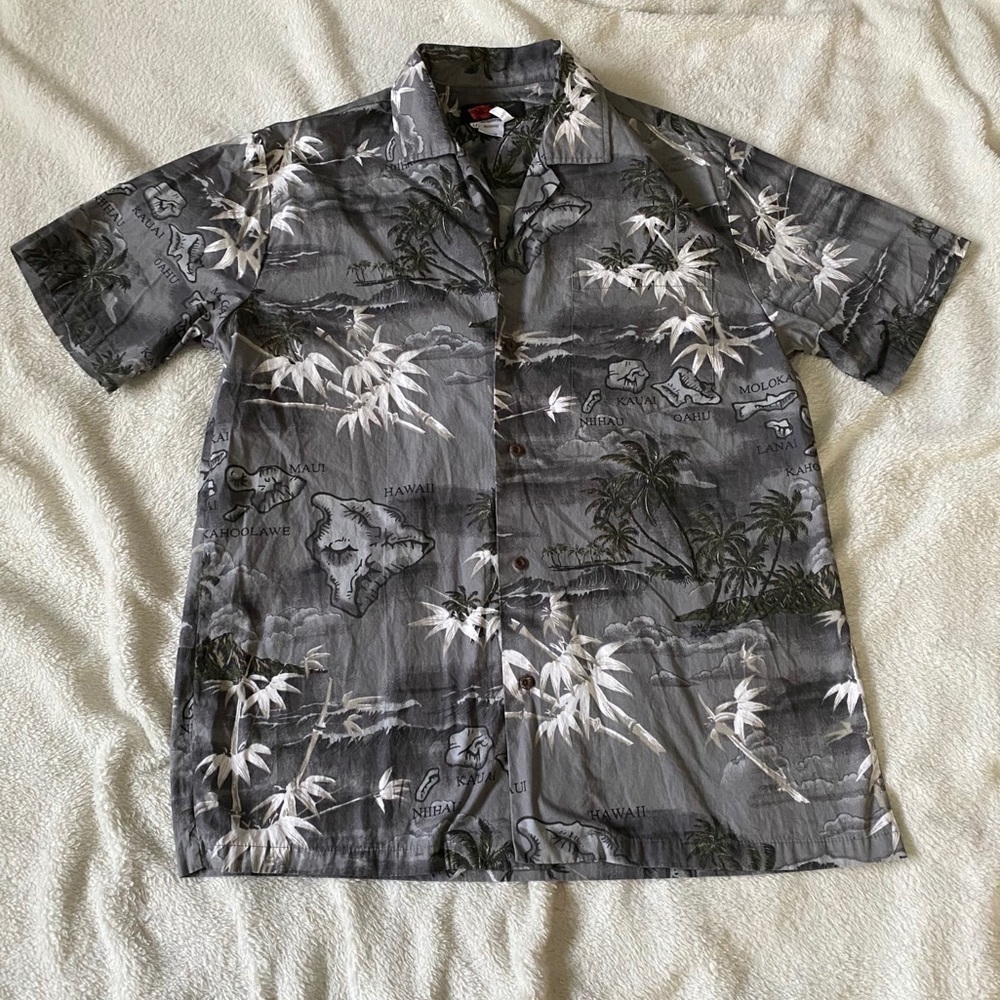 grey Hawaiian shirt with maps bamboo palm print